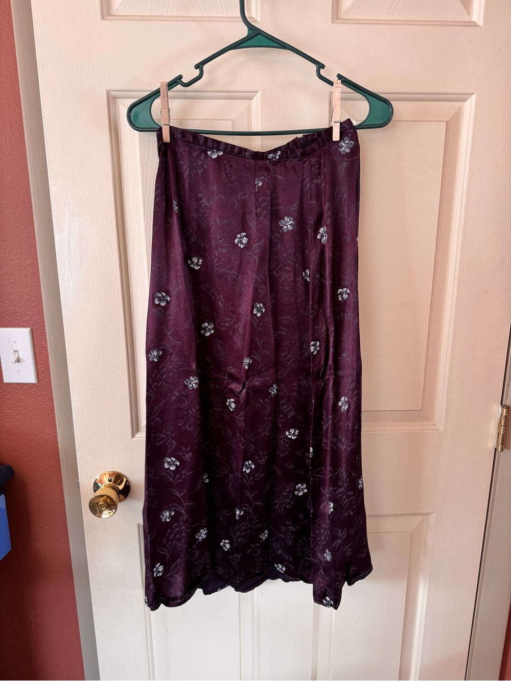Vintage Women's Floral Satin Midi Skirt in Deep Plum